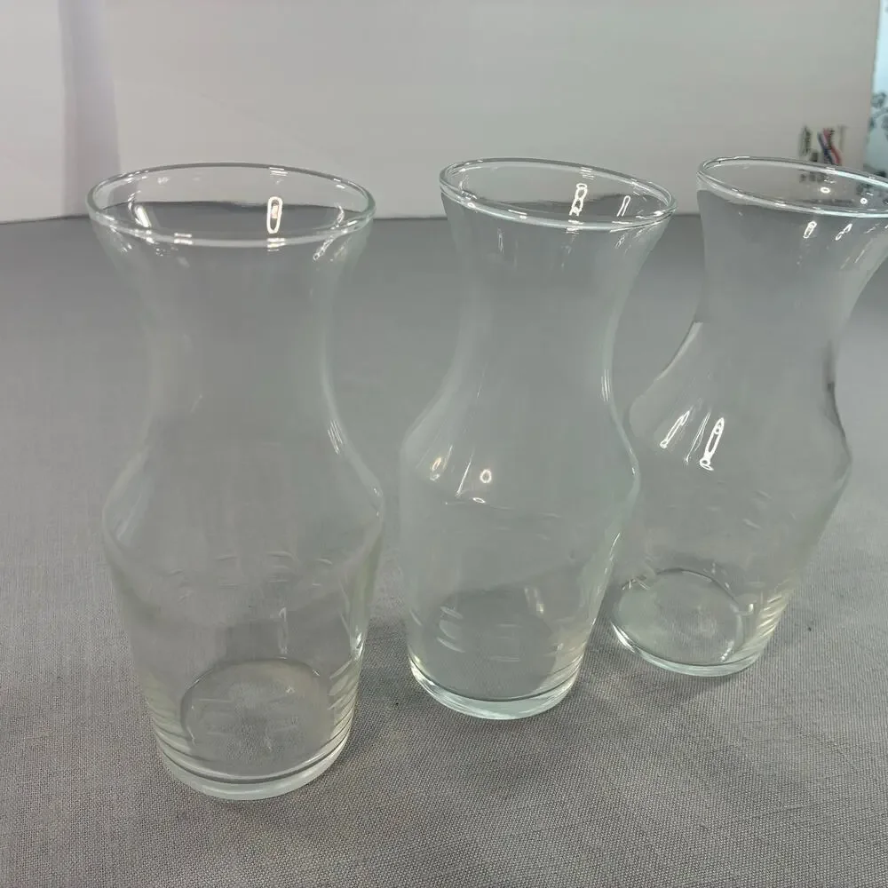 Vintage Clear Glass Juice Carafes Set of 3 Etched Dot Breakfast Bottles 7 Inch